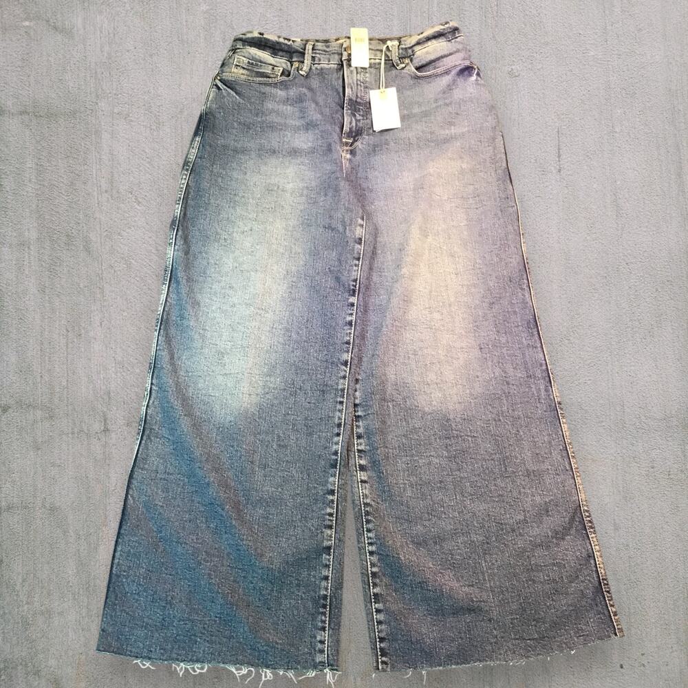 Good American Cropped Wide Leg Jeans 10/30 Indigo Raw Hem New Tags
